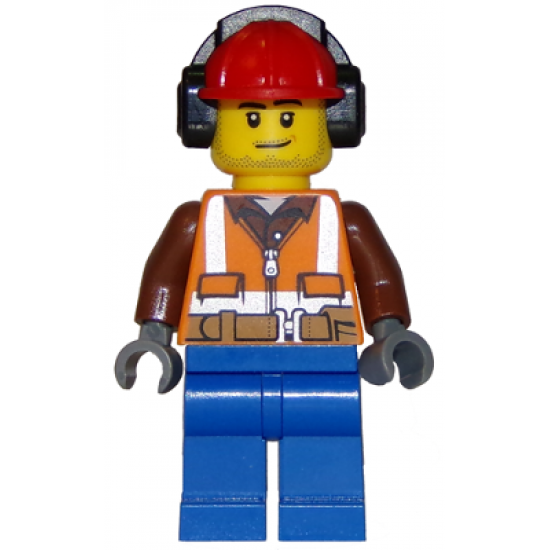 Forester - Male, Orange Safety Vest, Reflective Stripes, Reddish Brown Shirt, Blue Legs, Red Construction Helmet with Black Headphones, Stubble