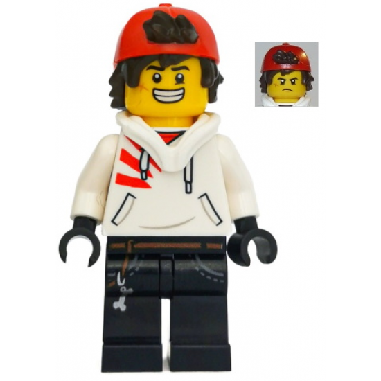 Jack Davids - White Hoodie with Backwards Cap and Hood Folded Down (Large Smile / Grumpy)