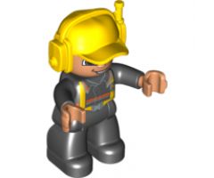 Duplo Figure Lego Ville, Male Fireman, Black Legs, Nougat Hands, Yellow Cap with Headset