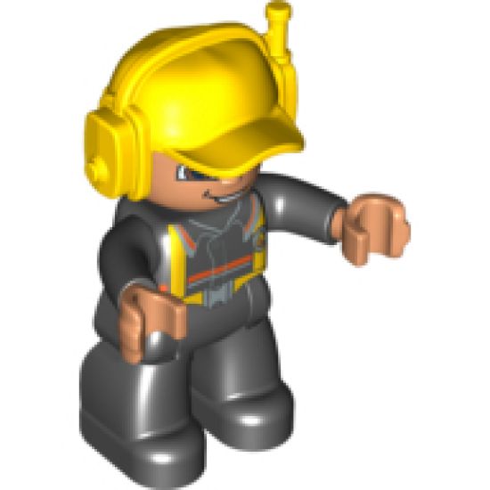 Duplo Figure Lego Ville, Male Fireman, Black Legs, Nougat Hands, Yellow Cap with Headset