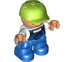 Duplo Figure Lego Ville, Child Boy, Blue Legs, White Top with Blue Overalls, Worms in Pocket, Lime Cap