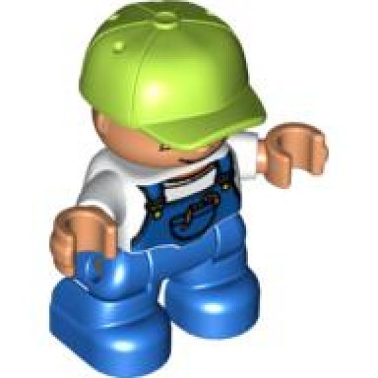 Duplo Figure Lego Ville, Child Boy, Blue Legs, White Top with Blue Overalls, Worms in Pocket, Lime Cap