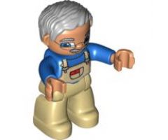 Duplo Figure Lego Ville, Male, Tan Legs, Blue Top with White Overalls Bib, Light Bluish Gray Hair