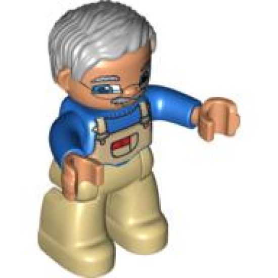 Duplo Figure Lego Ville, Male, Tan Legs, Blue Top with White Overalls Bib, Light Bluish Gray Hair