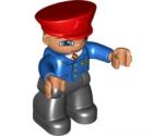 Duplo Figure Lego Ville, Male Train Conductor, Red Hat, Smile with Closed Mouth, Blue Jacket with Yellow and Red Tie, Black Legs
