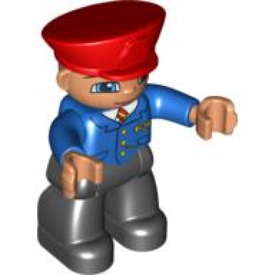 Duplo Figure Lego Ville, Male Train Conductor, Red Hat, Smile with Closed Mouth, Blue Jacket with Yellow and Red Tie, Black Legs