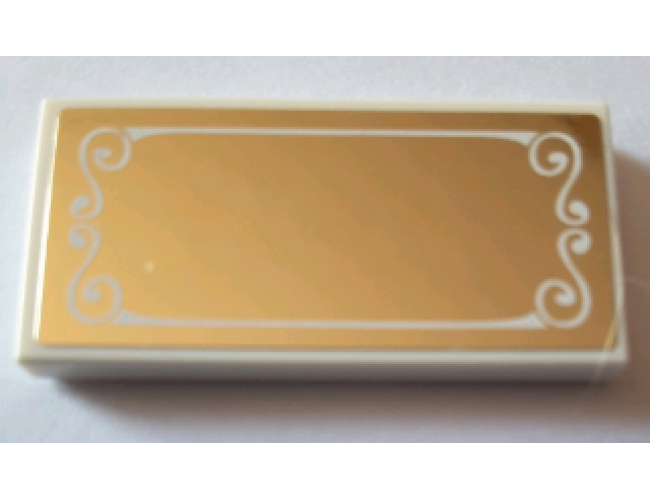 Tile 2 x 4 with White Decorative Border on Gold Mirrored Background Pattern (Sticker) - Set 10257