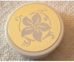 Tile, Round 2 x 2 with Bottom Stud Holder with White Flower on Mirrored Gold Background Pattern (Sticker) - Set 10257