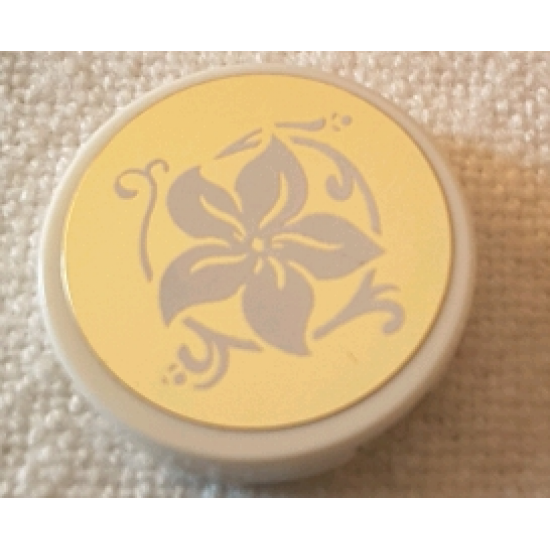 Tile, Round 2 x 2 with Bottom Stud Holder with White Flower on Mirrored Gold Background Pattern (Sticker) - Set 10257