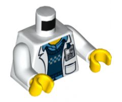 Torso Lab Coat with Pockets over Blue Vest and Shirt, ID Badge with Ultra Agents Logo Pattern (Christina Hydron) / White Arms / Yellow Hands