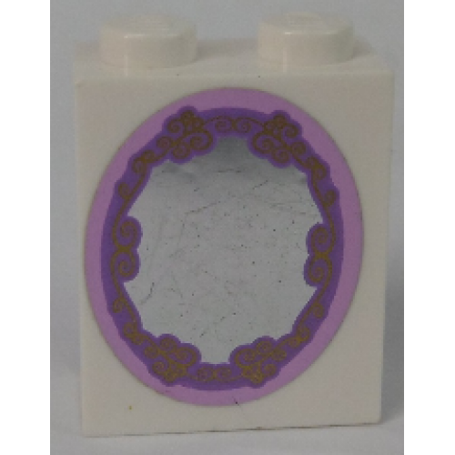 Brick 1 x 2 x 2 with Inside Stud Holder with Silver Mirror in Gold and Pink Frame Pattern (Sticker) - Set 41055