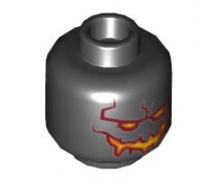 Minifigure, Head Alien with Yellow Eyes, Dark Red, Orange and Yellow Wide Grin and Cracks on Back Pattern - Hollow Stud