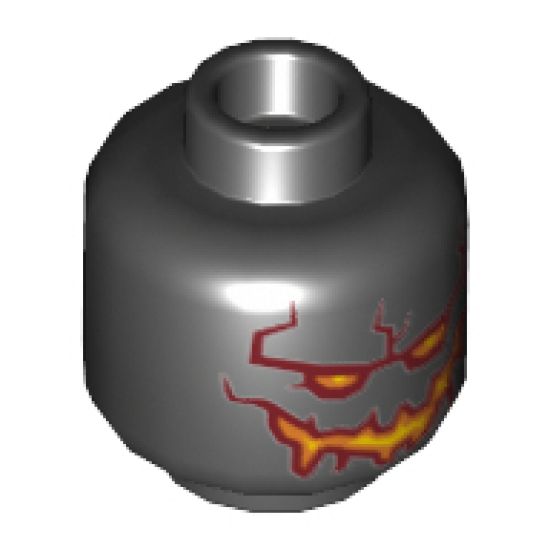 Minifigure, Head Alien with Yellow Eyes, Dark Red, Orange and Yellow Wide Grin and Cracks on Back Pattern - Hollow Stud