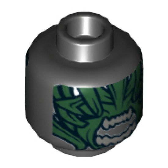 Minifigure, Head Alien with Dark Green Scales and Light Gray Teeth in Gaping Mouth Pattern - Hollow Stud