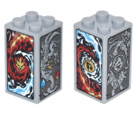Brick 2 x 2 x 3 with Red and Dark Azure Flames, Red and Dark Azure Waves, Gray Dragon, Lion and Phoenix On All Sides Pattern (Stickers) - Set 70627