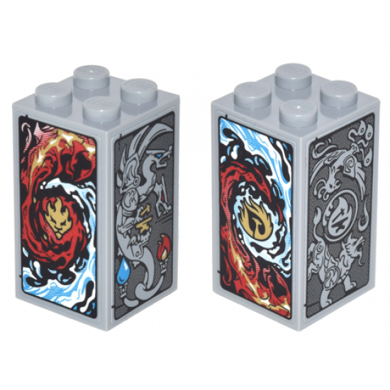 Brick 2 x 2 x 3 with Red and Dark Azure Flames, Red and Dark Azure Waves, Gray Dragon, Lion and Phoenix On All Sides Pattern (Stickers) - Set 70627