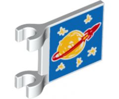Flag 2 x 2 Square with Drawn Classic Space Logo and 5 Bright Light Orange Stars on Blue Background Pattern