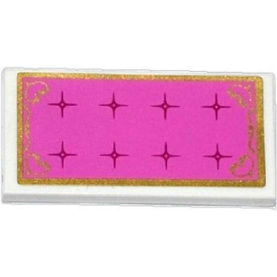 Tile 2 x 4 with Dark Pink Mattress with Magenta Buttons, Gold Border and Hearts Pattern (Sticker) - Set 41060