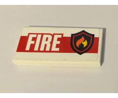 Tile 2 x 4 with Fire Logo Badge, 'FIRE', and Thick Red Stripe on White Background Pattern (Sticker) - Set 60110
