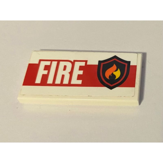 Tile 2 x 4 with Fire Logo Badge, 'FIRE', and Thick Red Stripe on White Background Pattern (Sticker) - Set 60110