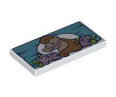 Tile 2 x 4 with Tan Horse and Pink Flowers on Medium Azure Board Pattern