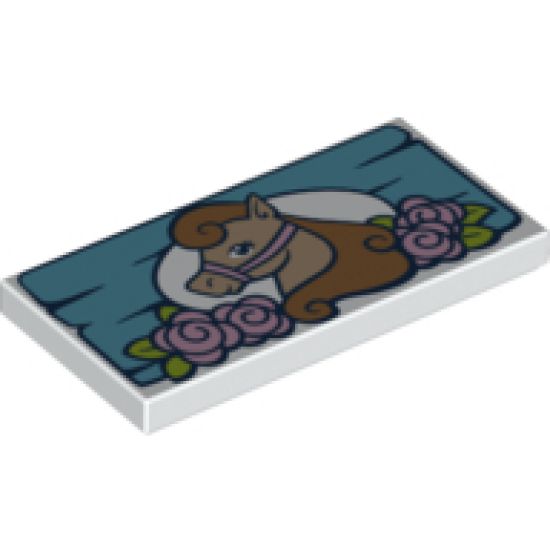 Tile 2 x 4 with Tan Horse and Pink Flowers on Medium Azure Board Pattern