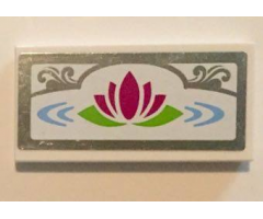 Tile 2 x 4 with Magenta Water Lily and Silver Mirrored Border with Scroll Pattern (Sticker) - Set 41058