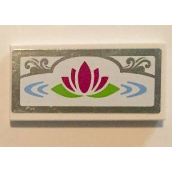 Tile 2 x 4 with Magenta Water Lily and Silver Mirrored Border with Scroll Pattern (Sticker) - Set 41058