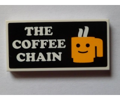 Tile 2 x 4 with 'THE COFFEE CHAIN' and Yellow Cup with Minifigure Smile Pattern (Sticker) - Set 60097