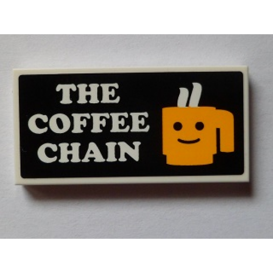 Tile 2 x 4 with 'THE COFFEE CHAIN' and Yellow Cup with Minifigure Smile Pattern (Sticker) - Set 60097