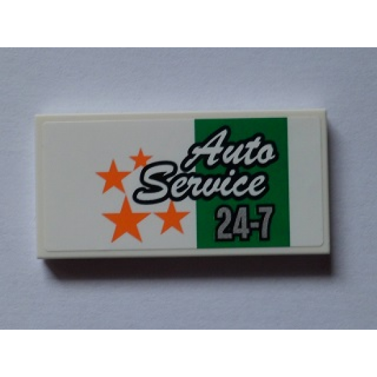 Tile 2 x 4 with 'Auto Service 24-7' and Orange Stars on White Background Pattern (Sticker) - Set 60097