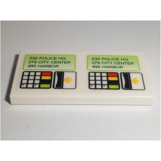 Tile 2 x 4 with '232 POLICE HQ', '279 CITY CENTER', '495 HARBOR' Ticket Dispenser with Keypad and Arrows Pattern (Sticker) - Set 60097