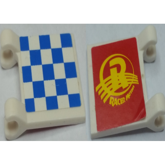 Flag 2 x 2 Square with Checkered Blue Pattern and Yellow 'RACER MOTORS' on Red Background Pattern (Stickers) - Set 8161