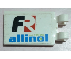 Tile, Modified 2 x 3 with 2 Clips (thick U clips) with 'FR ALL FOR ONE allinol' Pattern Model Right Side (Sticker) - Set 8678