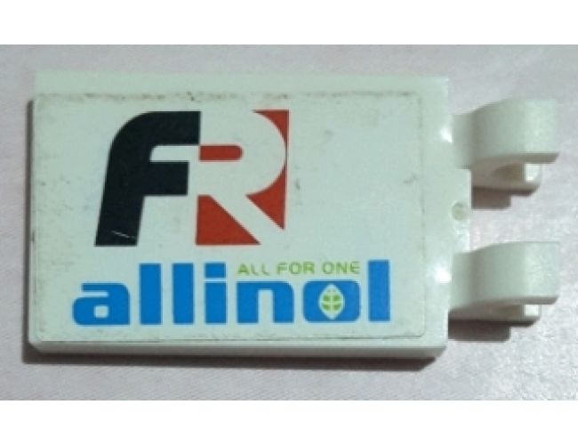 Tile, Modified 2 x 3 with 2 Clips (thick U clips) with 'FR ALL FOR ONE allinol' Pattern Model Right Side (Sticker) - Set 8678
