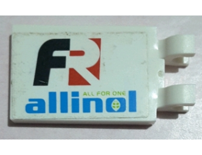 Tile, Modified 2 x 3 with 2 Clips (thick U clips) with 'FR ALL FOR ONE allinol' Pattern Model Right Side (Sticker) - Set 8678