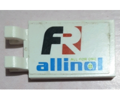 Tile, Modified 2 x 3 with 2 Clips (thick U clips) with 'FR ALL FOR ONE allinol' Pattern Model Left Side (Sticker) - Set 8678