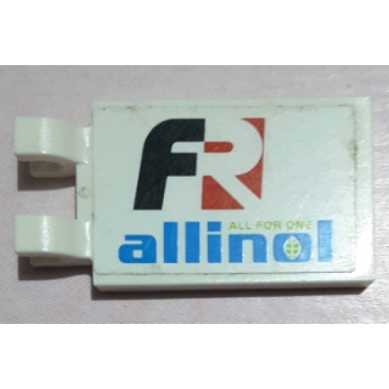 Tile, Modified 2 x 3 with 2 Clips (thick U clips) with 'FR ALL FOR ONE allinol' Pattern Model Left Side (Sticker) - Set 8678