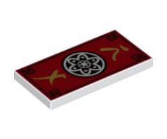 Tile 2 x 4 with Red Background and Ninjago Black with White Flower Medallion Pattern