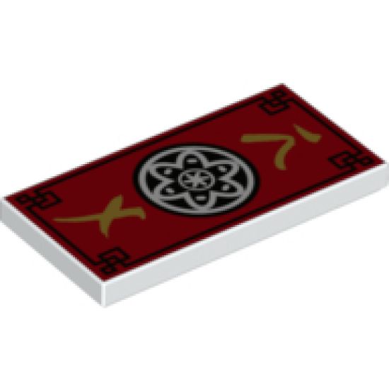 Tile 2 x 4 with Red Background and Ninjago Black with White Flower Medallion Pattern