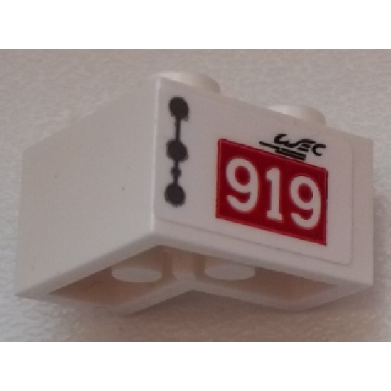 Brick 2 x 2 Corner with Dark Bluish Gray Line and Dots, Black 'WEC', '919' on Red Rectangle Pattern Model Left Side (Sticker) - Set 75876