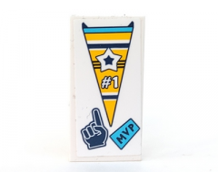 Tile 2 x 4 with Yellow Pennant with Star and '#1', Dark Blue 'MVP' and Pointing Finger Hand Pattern (Sticker) - Set 41328