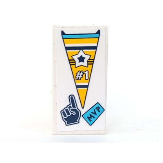 Tile 2 x 4 with Yellow Pennant with Star and '#1', Dark Blue 'MVP' and Pointing Finger Hand Pattern (Sticker) - Set 41328