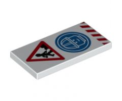 Tile 2 x 4 with Minifigure Worker with Shovel and Pile, Head with Construction Helmet in Blue Circle, and Red Danger Stripes Pattern