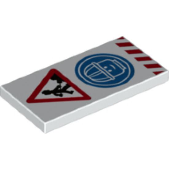 Tile 2 x 4 with Minifigure Worker with Shovel and Pile, Head with Construction Helmet in Blue Circle, and Red Danger Stripes Pattern