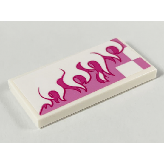 Tile 2 x 4 with White and Magenta Flames over Dark Pink Checkered Background Pattern Model Left Side (Sticker) - Set 80009