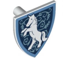 Minifigure, Shield Triangular  with Medium Blue Border, White Rearing Unicorn, Metallic Light Blue Filigree Pattern