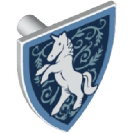 Minifigure, Shield Triangular  with Medium Blue Border, White Rearing Unicorn, Metallic Light Blue Filigree Pattern