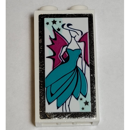 Brick 1 x 2 x 3 with Woman Wearing Dark Turquoise Dress and Magenta Wings, Mirrored Border Pattern (Sticker) - Set 41344
