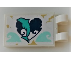 Tile, Modified 2 x 3 with 2 Clips with Dark Turquoise Dolphin on Heart Pattern (Sticker) - Set 41378